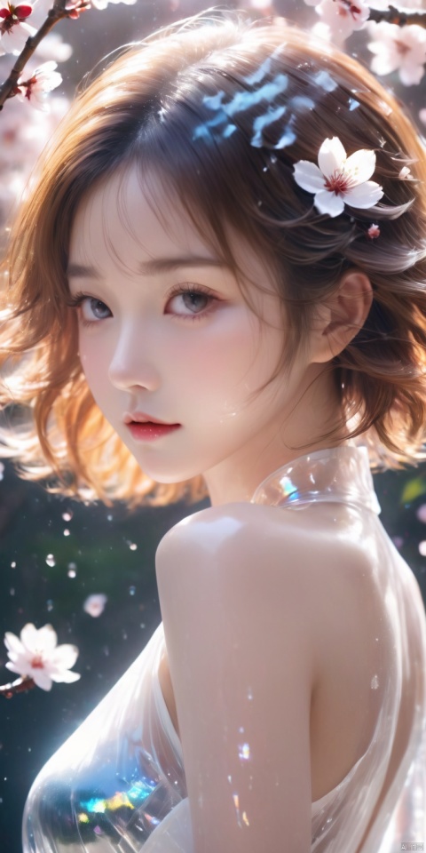  HD Ultra HD, highest quality girl masterpiece exquisite CG detailed facial description messy hair white short hair white pupils white transparent undershirt wet body perfect collarbone girl close-up cherry blossom tree (white transparent shirt covers the chest),,dress