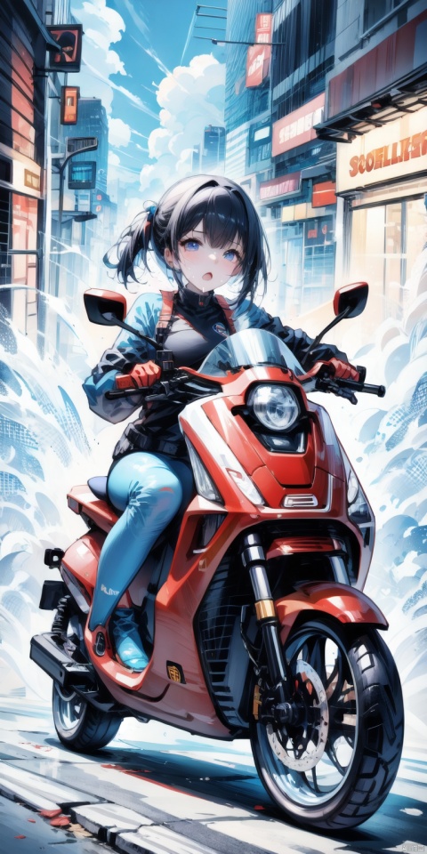 Ultra-clear, ultra-detailed, ((detailed depiction)), sweaty delivery girl, Take-out waistcoat, two-wheeled electric scooter, street, lively, exquisite food, ultimate picture quality, CG