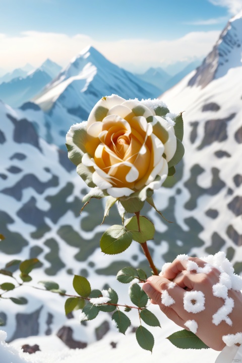 The background is a huge snow-capped mountain, a magnificent scene of snow-capped mountains, holding a white rose in the hand, shot from a first-person perspective, with off-white sleeves, the sky is cloudy.