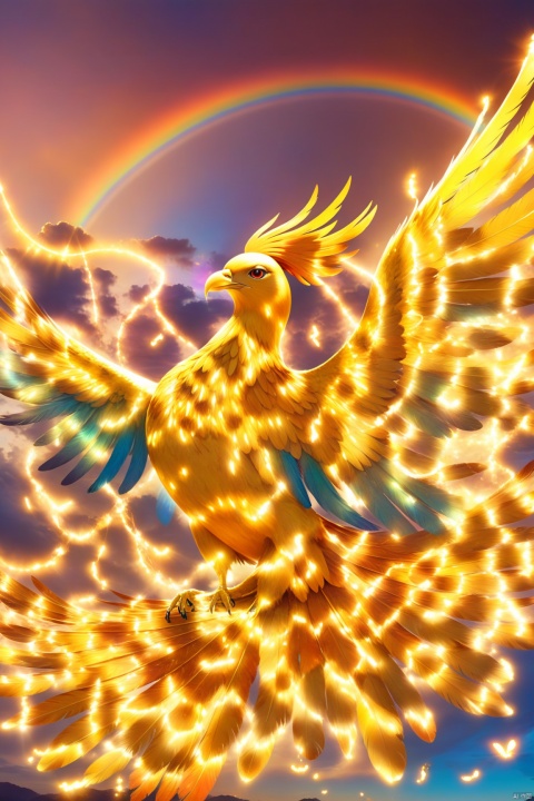 A gorgeous phoenix spreads its wings and flies high, its feathers flashing with golden light, drawing a dazzling arc in the sky. Its wings exude peace and strength, as if conveying the beautiful meaning of good luck and good luck. The background is a gorgeous rainbow, and the colorful light illuminates the entire sky, creating an extraordinary momentum. This picture is full of hope, joy and infinite possibilities, which makes people feel relaxed and happy, and feel the beauty and luck in life.