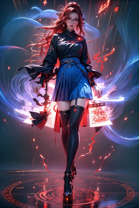  High quality, masterpiece, wallpaper, 1 girl, red hair, Glasses,,Pleated skirt, black stockings, high heels,walking,staring,earrings, headbands, black shirt, tie, blue fire,magic circle, energy,glowing,diffraction spikes,ejaculation,electricity, flying paper,magic,Daofa Rune