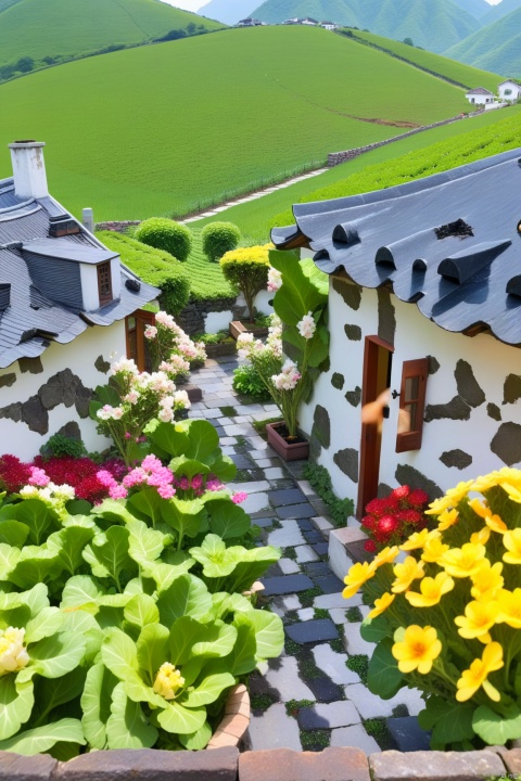 spring, backed by mountains, green hills, a peach blossom tree, full of greenery, a luxury house, a small chimney on the roof, the door is a small vegetable garden with many vegetables (cabbage, radish), a clean and smooth bluestone road path, ultra-wide-angle lens, panoramic view, after the rain, clean and tidy vegetable garden 
