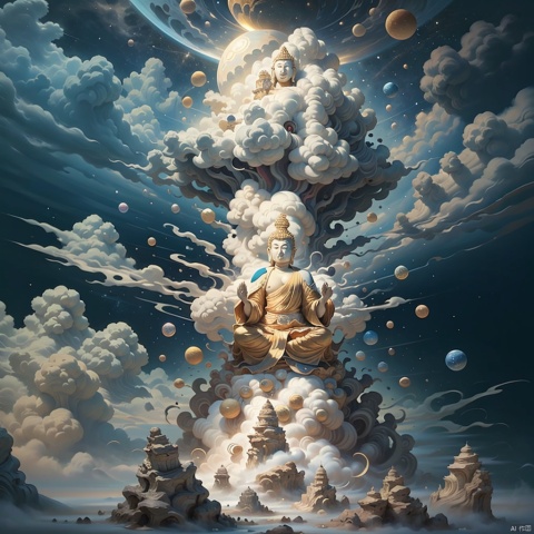  A painting of a golden Buddha standing in front of a huge moon, space art, space travel, space, stunning wallpapers, space, Jen Bartel, surreal space, detailed dreams, magnificent spacecraft paintings, psychedelic illustrations, psychedelic surreal art, grand digital art and details, beautiful space, space theme, space, space theme, space scene,Buddhism ,cloud,Clouds