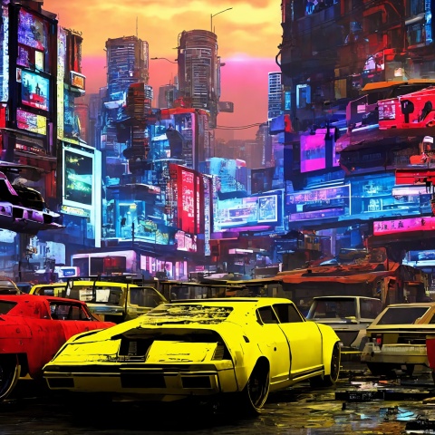 Night,a city full of a sense of future technology,all colors of neon,empty streets,( blue and red matching),yellow purple red neon lights,broken buildings,red,old cars,shooting game background,cyberpunk,movie posters,grotesque glass buildings,rain,Advanced industrial machinery,futuristic technology dilapidated,city of war,with h scrapped,(The main color tone of the screen is red)(Cyberpunk style),Interlaced buildings,Various colorful neon lights,(Ultra wide angle)(Many tall buildings stand tall),(Traces of war, bullet casings on the ground, gun and ammunition boxes)The interior of the destroyed urban landscape,ruins,and many broken cars,