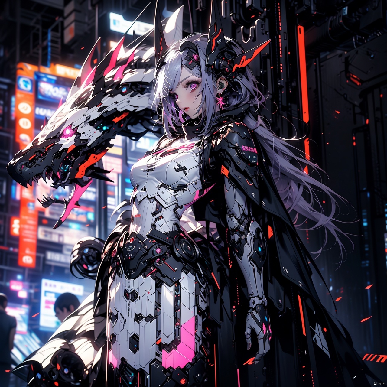  masterpiece,best quality,8k,insane details,intricate details,hyperdetailed,hyper quality,high detail,ultra detailed,
mechanical prosthesis,mecha coverage,emerging dark purple across with white hair,fluorescent purple,cool movement,rose red eyes,beatiful detailed cyberpunk city,hd semirealistic anime cg concept art digital painting,vortex,machinery,Dragon ear,laser,Cyberworld,Future city,midjourney,Future city