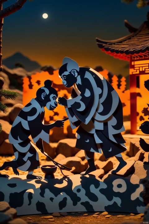  Chinese shadow puppet show, shadow figures, paper-cut, shows two people, whole body, an old priest with a whisk, a Monkey knelt on the ground, blue moonlight, stone lantern, Orange lights, wild, Chinese buildings are on mountains, hillstone, pine trees,the background is layered,excellent light and shadow effects,fine details,traditional Chinese colors