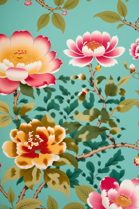  a close up of a wallpaper with flowers and leaves, oriental wallpaper, chinoiserie pattern, qing dynasty, inspired by Yun Shouping, ornate floral, traditional chinese textures, inspired by Lu Guang, flowery wallpaper, traditional chinese art, chinese art, textile print, by Li Keran, beautiful wallpaper, chinoiserie wallpaper, trending wallpaper, traditional chinese