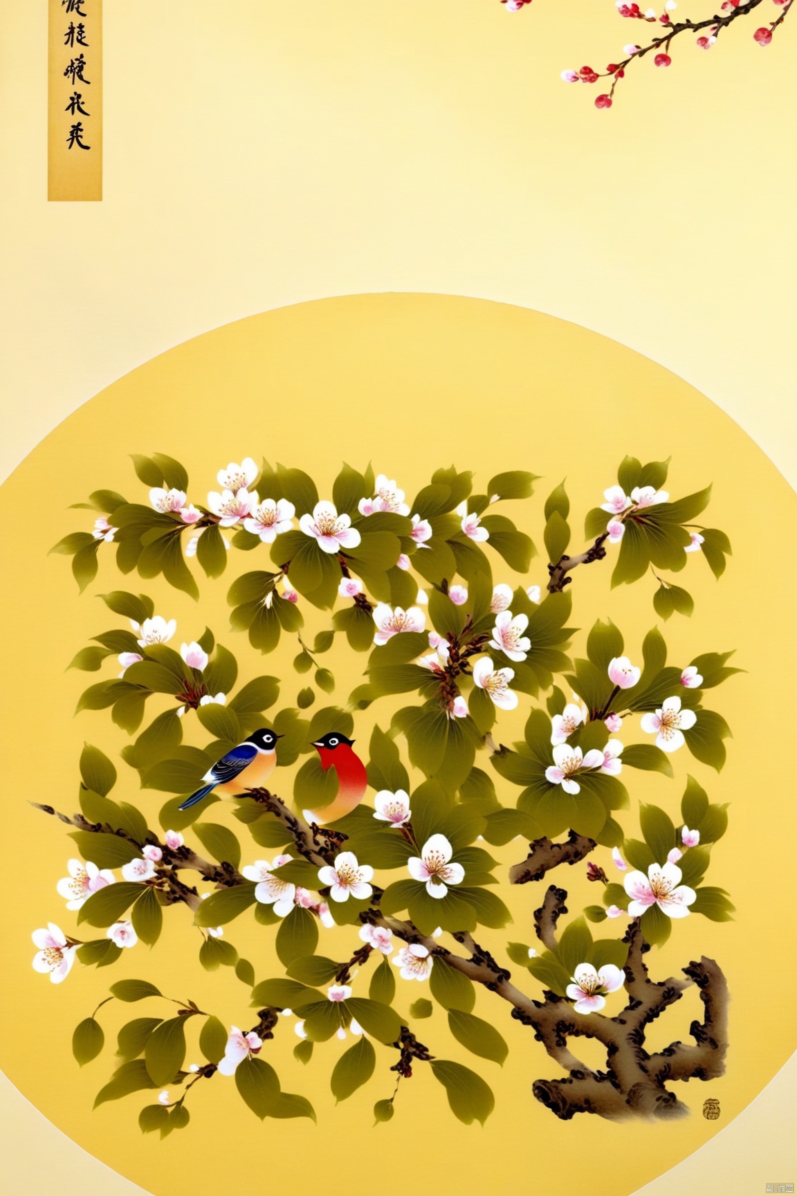  Plum blossoms, crabapple flowers and birds on branches, traditional Chinese painting in light colors, fine brushwork, circular composition, background on yellow rice paper, no text