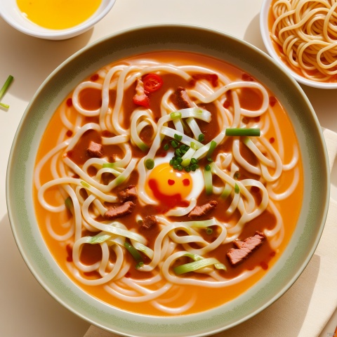  simple background, food, no humans, plate, bowl, realistic, egg, meat, noodles, spring onion, food focus, tomato, vegetable, still life, soup