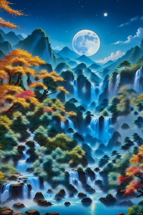  Colorful Chinese painting, close-up of Chinese painting, Chinese Mid-Autumn Festival landscape painting, lush mountains, waterfalls, trees, full moon, clouds, highly detailed, paper painting, surreal landscape, blue tones, magical atmosphere, photo manipulation, nature, Tranquility, Clear Sky, Moonlight, Celestial Ultra High Resolution, 32K UHD, Best Quality, Masterpiece, Mineral Color Painting,