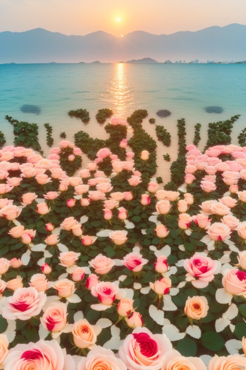 Sanya beach, sea of ​​roses, sunset, symmetrical landscape, soft tones, wide-angle lens, water reflection, gentle breeze, tranquility.
