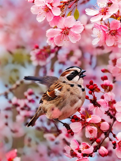  ljcc,((best quality)), masterpiece, HD,HDR,8K,haibao,no humans, bird, flower, branch,animal, pink flower, flying,gradient, cherry blossoms, depth of field, gradient background,sky, red flower, animal focus, day, outdoors, blurry background, petals, sparrow