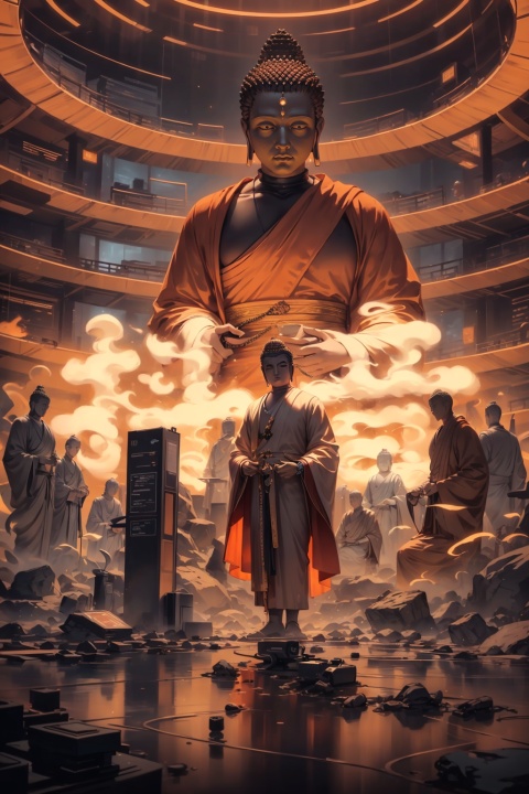  (Best quality, masterpiece), soft lighting, two-player game, (Buddha statue silhouette on the beach), futuristic style, father and son holding hands, reflection of glow, (sunset), shrouded in clouds, without looking at the camera, clear theme, charming glow, octane rendering, neon lights, smoke, exquisite art illustrations, complex digital painting, ultra wide angle shooting, ultra realistic, ultra fine, OC rendering, high detail, Ultra high quality, 16k, cyberpunk, steampunk