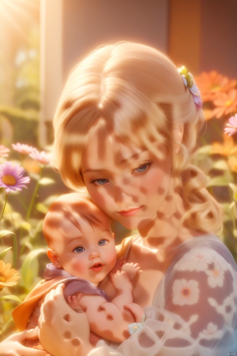  Disney style, beautiful young mother gently holding her one-year-old baby, the baby's little face is close to the mother, the mother's arms are tightly hugging the child as if she wants to hold him in her arms forever, flowers, Movie scene, in charming anime character style, in romantic soft focus and ethereal light, sunlight shining on it, learning 3d game art, studio light, background focal length 35mm f1.4, C4D, blender, octane rendering, High-detail 8k style expression