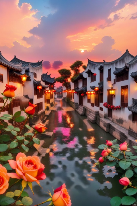 An ancient Chinese town in the Jiangnan water town style. After the rain, the sky under the sunset shows colorful clouds. The pink sky and orange clouds shroud the red roses blooming in front of the river. The picture is bright, with high definition and exquisite details.