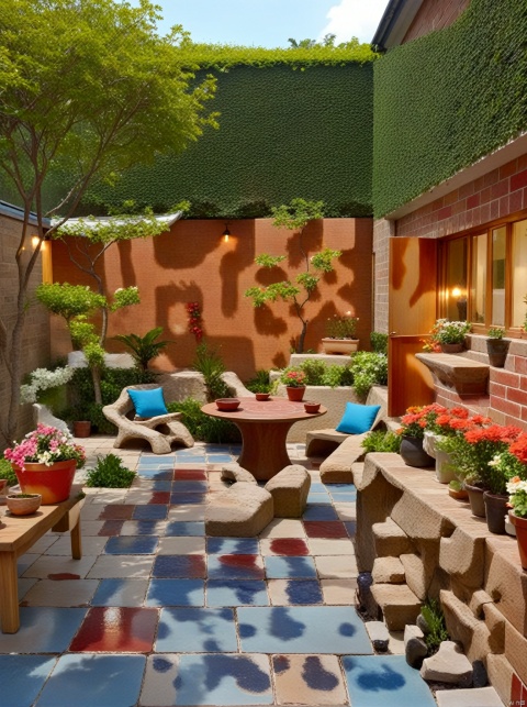 Looking across, there is a modern style courtyard with a super large courtyard, stone brick walls, and a flat roof with red tiles. Behind the yard, there are lush trees, flowers and potted plants, and a small wooden table on one side. The yard is paved with red and blue mixed color ceramic tiles, creating a relaxed and comfortable atmosphere. Super HD