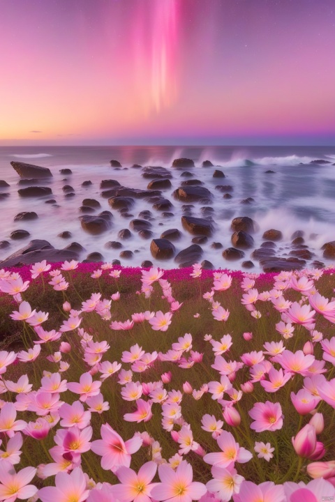 Sea of ​​pink flowers, South African coast, Sony World Photography Awards, time-lapse, happiness, minimalism, awe-inspiring, soft flowers, pink aurora sky, evocative, aurora.