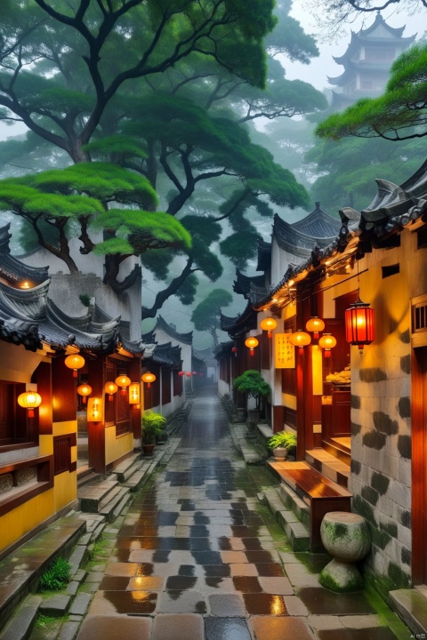 Jiangnan Ancient Town, Rain Alley, Stone Road, Old House, Big Trees, the big trees are very beautiful, like Mount Huangshan Greeting Pine,Rainy and Cloudy Days, Misty and Misty Rain, High Definition, Realistic, and Beautiful Artistic Conception