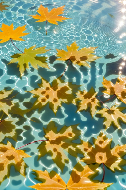  The pool water is clear and transparent, with maple leaves floating on the surface and shimmering ripples forming on the water.