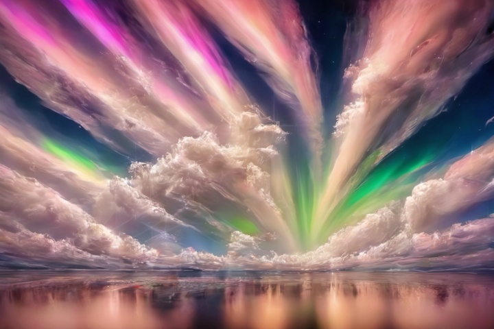  Aurora, starry sky, clouds, colorful, rolling, above the sea surface,delicate like feathers.