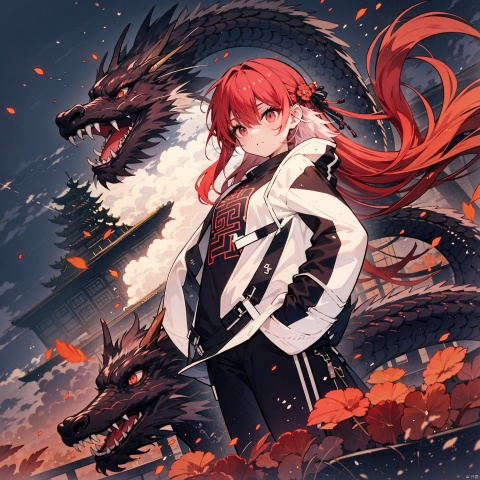  (pink hair),wavy hair,disheveled hair, messy hair, long bangs, hairs between eyes, floating hair,solo,++++loose clothes,(white t-shirt:1.2),(black open jacket:1.2),hands in pockets,loli,petite
, (eastern dragon:1.2), Chinese dragons_ink and wash styles_misty clouds_ancient paintings_flames,cityscape,sky,fireworks,print jacket,thighsm,,from below,chinesedragon,中国龙,机甲,高达
