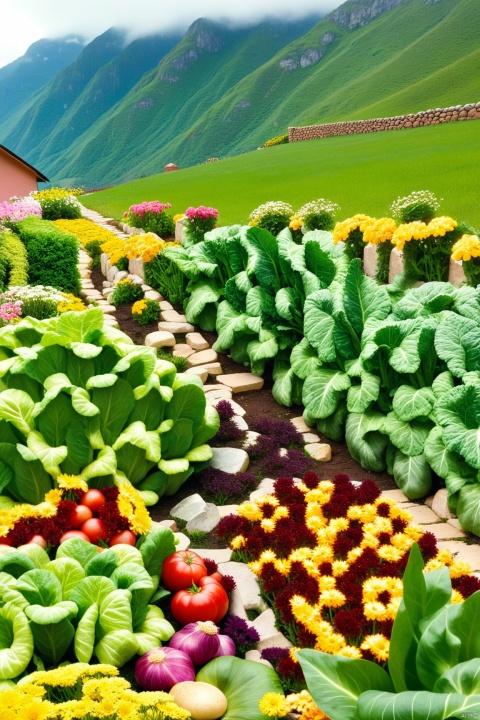A photo of an eco-friendly farm with lots of vegetables and fruit in the mountains, near one red brick house. In the front yard there is a big vegetable garden full of various green plants and flowers, with a lot of yellow cabbages growing on it. A path made of stones leads to that small building. A green mountain range far away is covered by clouds in the cloudy, summer weather. The photo was taken with a wide-angle lens camera. 