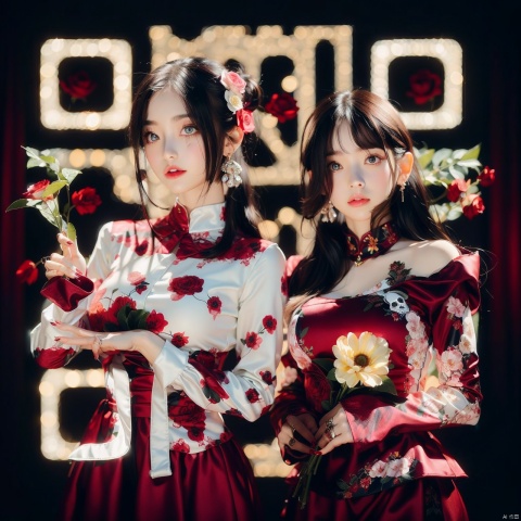 long hair, looking at viewer, short hair, bangs, multiple girls, brown hair, black hair, hair ornament, red eyes, long sleeves, dress, ribbon, 2girls, jewelry, closed mouth, standing, flower, cowboy shot, frills, horns, choker, hair flower, wide sleeves, lips, makeup, rose, facial mark, floral print, red dress, ring, plant, white flower, frilled sleeves, black background, red flower, red nails, skull, red rose, red lips, camellia, animal skull,anime