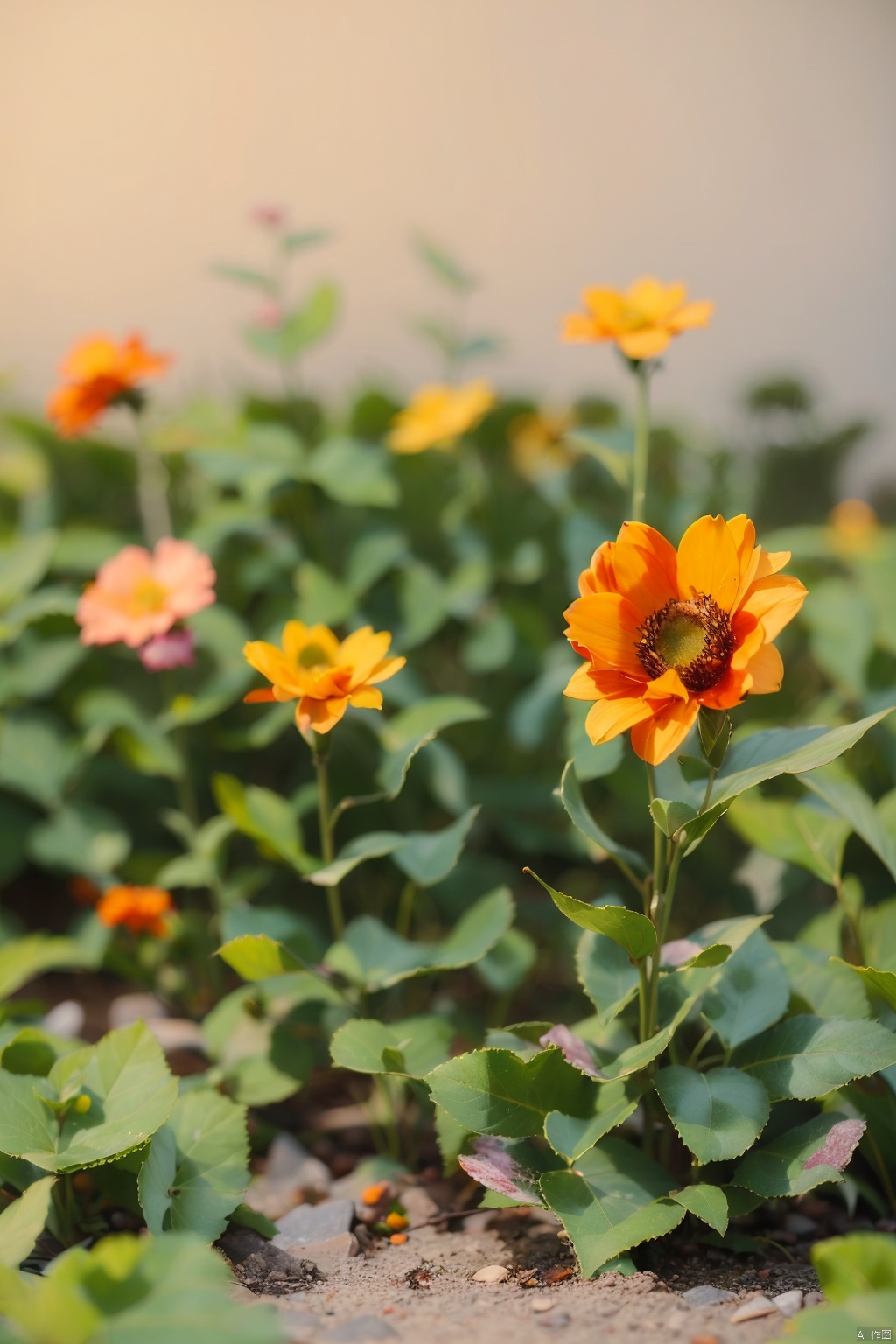  flower, blurry, book, no humans, depth of field, blurry background, plant, scenery, pink flower, yellow flower, orange flower