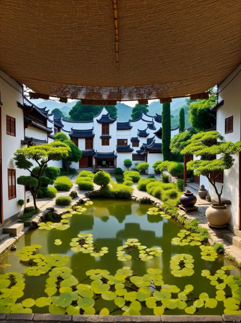 Beautiful Wuyuan scenery, chic courtyard, Zen, antique, evening shooting, the picture is clean and simple, panoramic, The ultimate picture, the master picture,handmade beauty, balanced asymmetry, tupinipunk, high definition, high quality, HD