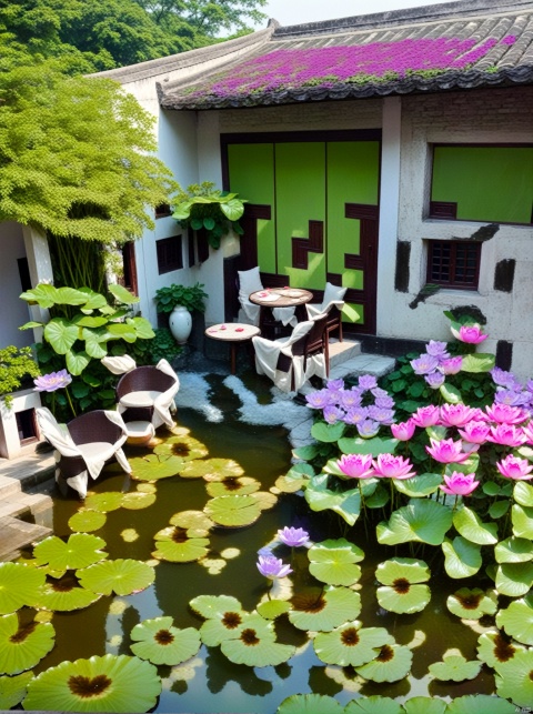A dream of a small house in an ancient Jiangnan town, with a courtyard featuring a stone brick floor and a water lily pond. Tables and chairs are placed on the edge of the pool, surrounded by blooming purple petunias and pink roses, with green plants planted inside, overlooking with a bird's eye view. The style is raw 