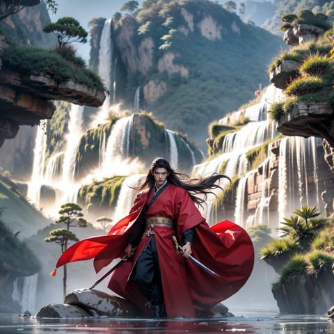  Male, (handlesome), (thin), (fully body), long sword, red mantle, black pants, black boots, long hair,floating hair, wet clothes, waterfall, cliff,tower , Chinese fantasy, rain, 32K uhd