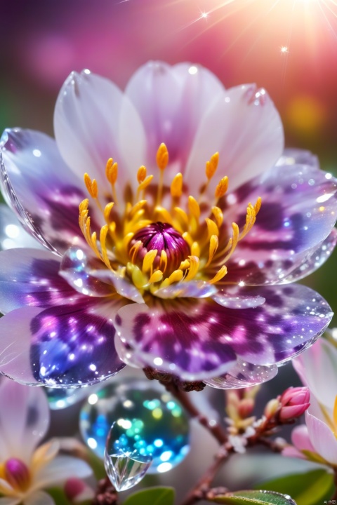  crystal spring blossom, fantasy, galaxy, transparent, shimmering, sparkling, splendid, colorful, magical photography, dramatic lighting, photo realism, ultra-detailed, 4k, Depth of field, High-resolution