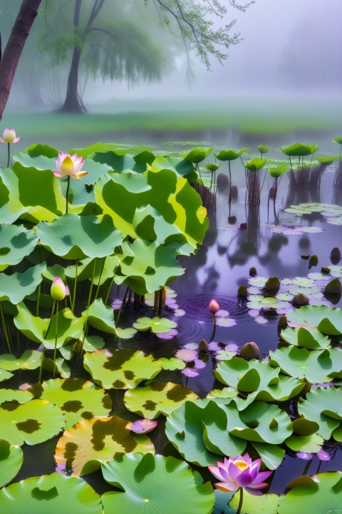 In the early morning, in a corner of the pond in the fog, there are a few lotus leaves on the water surface, a purple lotus flower is budding, and an ancient willow tree on the shore is lush with branches and leaves. The picture is simple and clean, and the color contrast is high