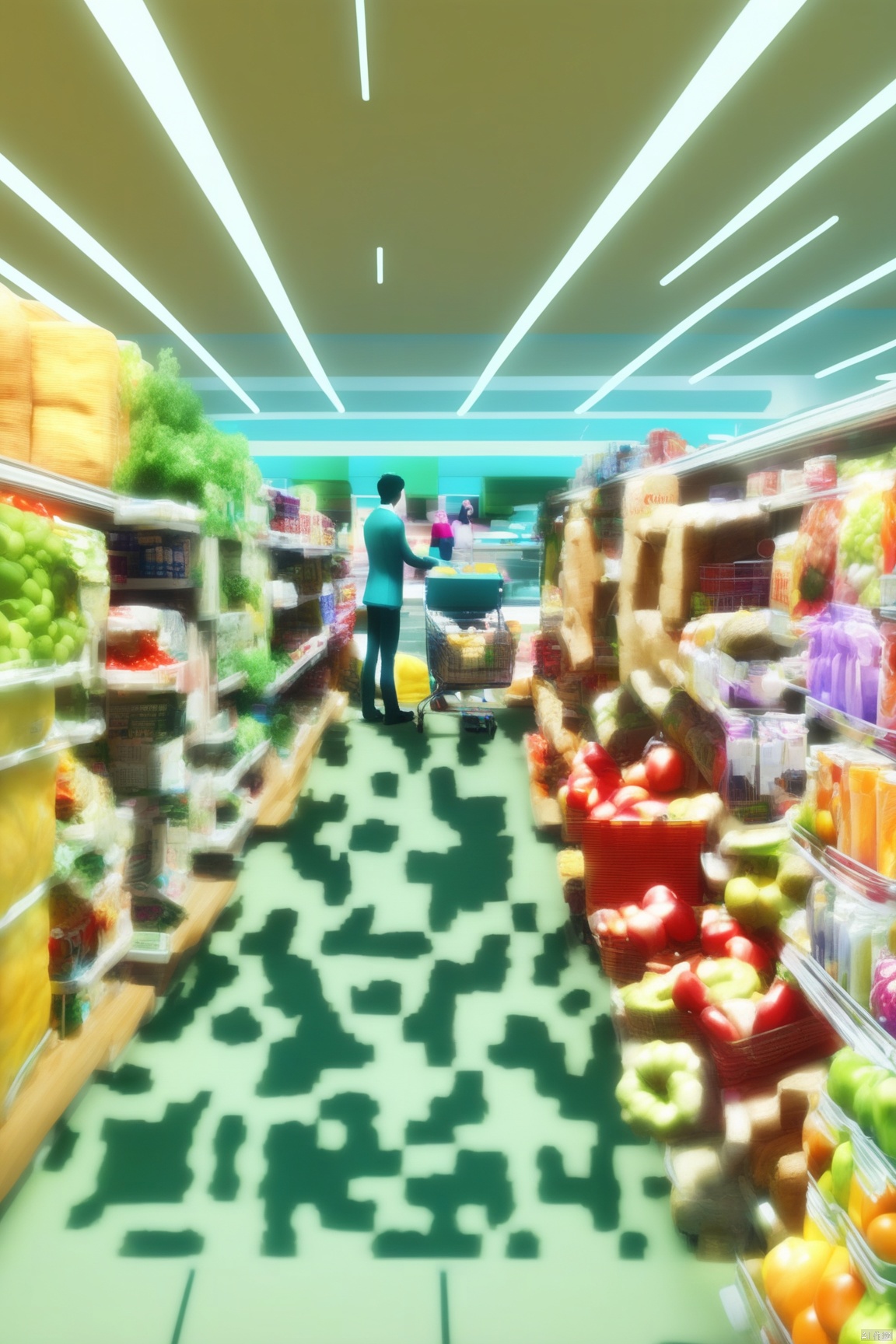  a busy supermarket with lots of items, midjourney, detailed, high resolution, bright colors, vivid, 4k resolution, photorealistic, vibrant colors, grocery, fruits, vegetables, bread, cereal, packaging, cans, clean and tidy, detailed textures, sharp contrast, detailed shadows.