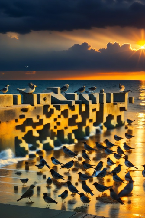  a pier with concrete walls on one side and an evening sky with dark clouds in front of it, a wide view of the scene, the sun setting behind the horizon, the water reflecting light from above, the birds looking for food among various shore particles, a calm ocean under the cloudy sky, a panoramic view capturing the beauty of nature in the style of an impressionist artist.