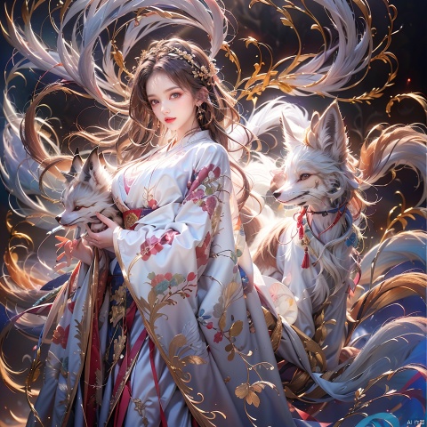  1 girl, solo, female focus, (Chinese dress）and red lips, bangs, earrings, kimono, Chinese cardigan, printed cloth, tassel, hand-held samurai knife.(Chinese dragon),(Huge Fox Pet),（White fox）,
 (Masterpiece), (Very Detailed CGUnity 8K Wallpaper), Best Quality, High Resolution Illustrations, Stunning, Highlights, (Best Lighting, Best Shadows, A Very Delicate And Beautiful), (Enhanced) ·, long, machinery, Daofa Rune, shufa background, Spirit Fox Pendant