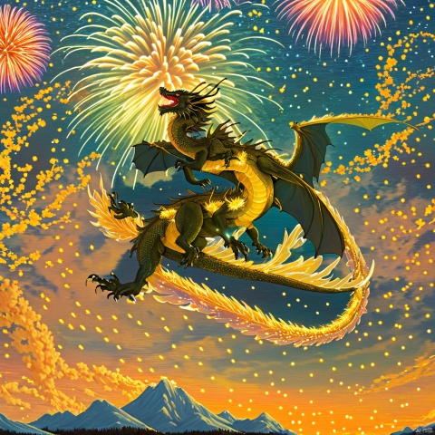  Painting fireworks in bloom, a dragon flying in the New Year's night sky, surreal, award-winning, high detail, best quality