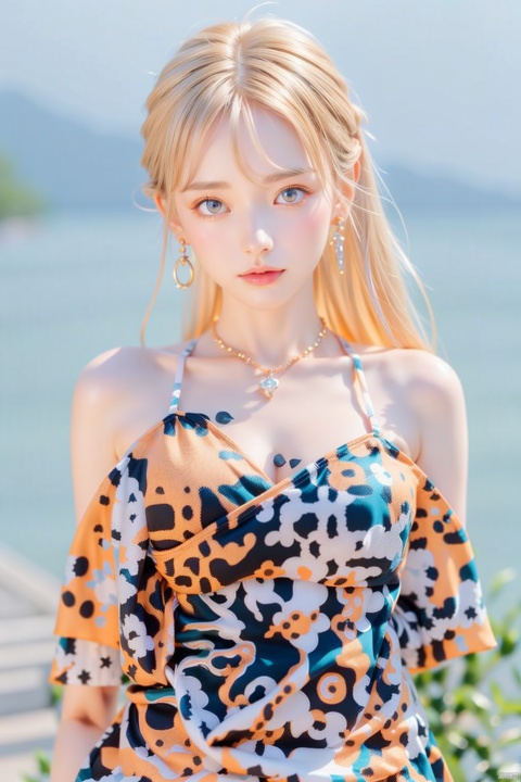 girl, breasts, jewelry, solo, dress, necklace, brown hair, looking at viewer, earrings, blurred background, bare shoulders, blue dress, blur, brown eyes, upper body, outdoors, realistic, bangs, low neckline, long hair , (hdr: 1.4), high contrast, (film, teal and orange: 0.85) (soft colors, dull colors, soothing tones: 1.3), low saturation