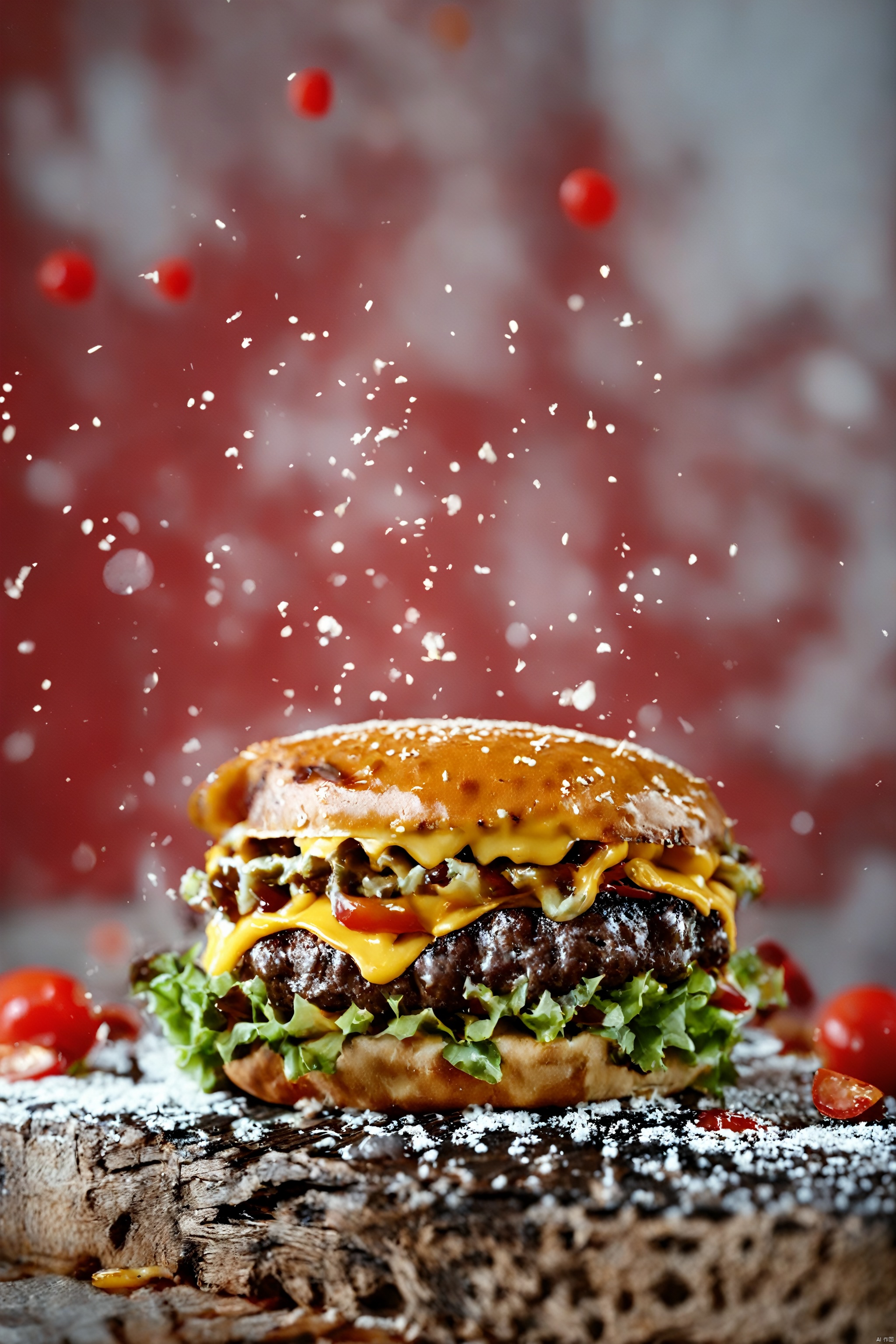  (8k, RAW photo, best quality, masterpiece:1.2),Commercial Photography, Splatted Cheese, Dark Tones, Suspended Layered Hamburger Buns::1.3 , White Lighting, 8k Rendering, High Resolution Photography, Extraordinary Detail, Fine Detail, On Solid Wooden Table, Red Background, 8k, Commercial Photography, Stock Photography, Professional Color Grading::1