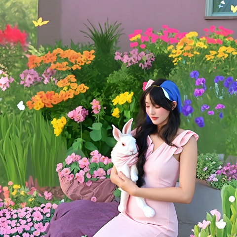  （Best quality,masterpiece.）1girl was sitting in a garden, surrounded by colorful flowers and butterflies, her long black hair falling down gently, wearing a simple summer dress and a pink headband that matches the color of the flowers, holding a stuffed rabbit in his arms, he looked straight ahead, with a fresh Chloroplastida in the background and a front view., xxlinpantyhose