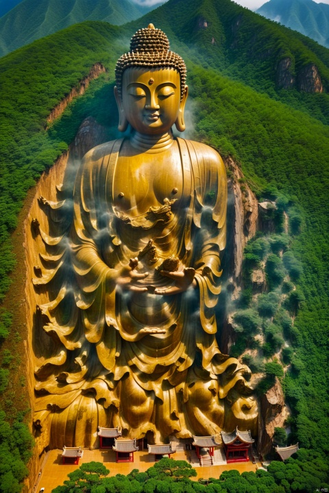  enormous Buddha statue carved out of the side of a pine covered mountain side in china. Stormy weather drone shot