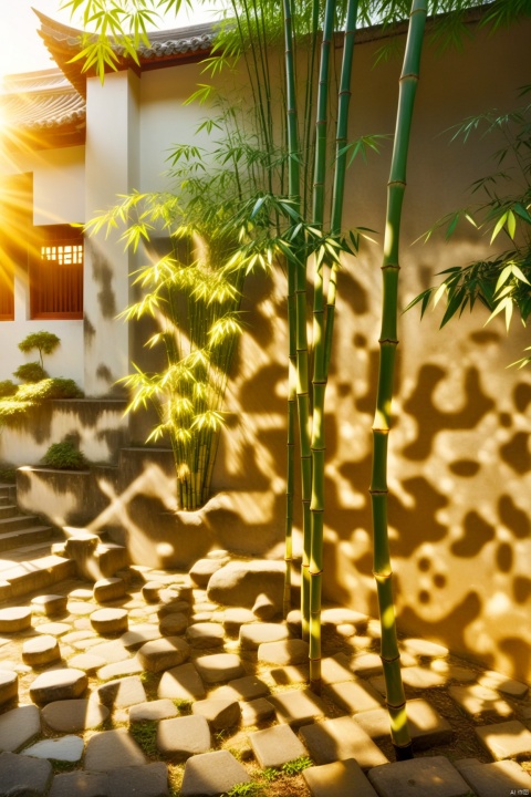 In the courtyard of an ancient Chinese building, there is a white wall with bamboo growing next to it. The sunlight shines through the leaves onto part of the ground, creating a warm golden light effect and forming a beautiful golden shadow. The photo looks very realistic. , wide-angle lens, natural lighting, still photography.