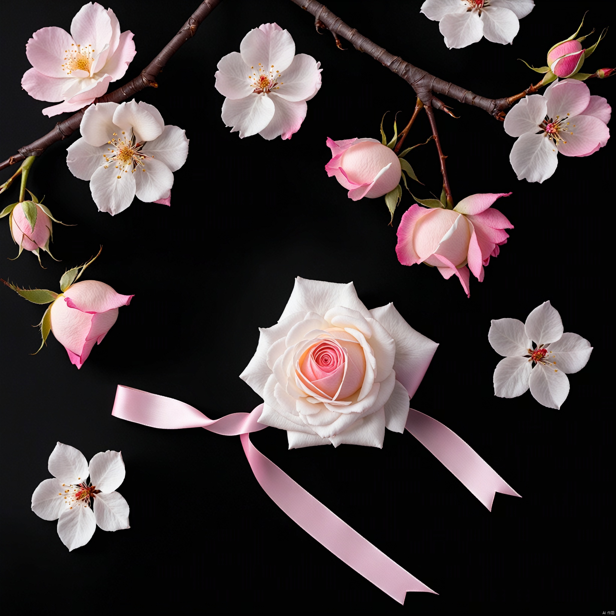 ribbon, flower, petals, no humans, rose, white flower, black background, cherry blossoms, pink flower, branch, pink rose, still life