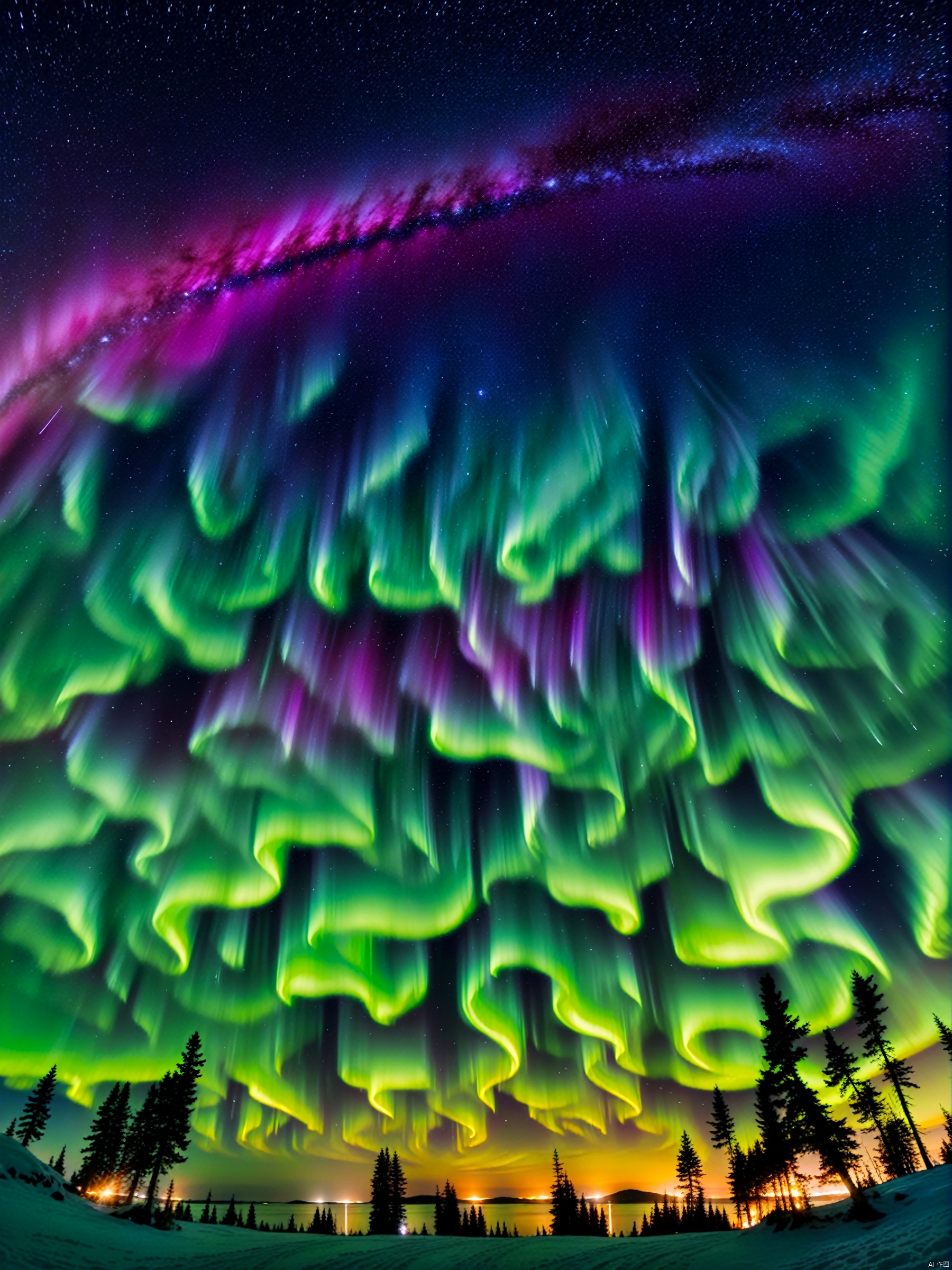 Stunning 4K footage capturing the Northern Hemisphere's winter night aurora spectacle, with shooting stars streaking across a gorgeous starry sky. Shrouded in mystery and quiet contemplation. Use a wide-angle lens to show off the vastness of the Milky Way, cleverly incorporating the Tyndall Effect for added depth. Long exposures reveal star trails as the auroras dance across the sky, and the contrast between warm and cool tones creates a dreamlike atmosphere, perfect for photographic documentaries that capture the essence of this natural wonder.