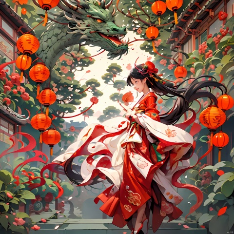  ink,HEZI,Chinese New Year elements,Oriental Dragon and Maiden,Chinese Knot,wallpaper,HD,flat illustration,flat illustration,best quality,masterpiece,(Lanterns in the background:1.5),looking at viewer,female focus,black hair,red skirt,Hanfu,profile,Night Market,brightly lit,white shoes,wide shot,color guide,simple background,full body,negative_hand,Up view,close up,happy and runing,Smile,delicate facial features,red background,a small number of red lanterns,Chinese elements with firecrackers around and fireworks in thebackground,,