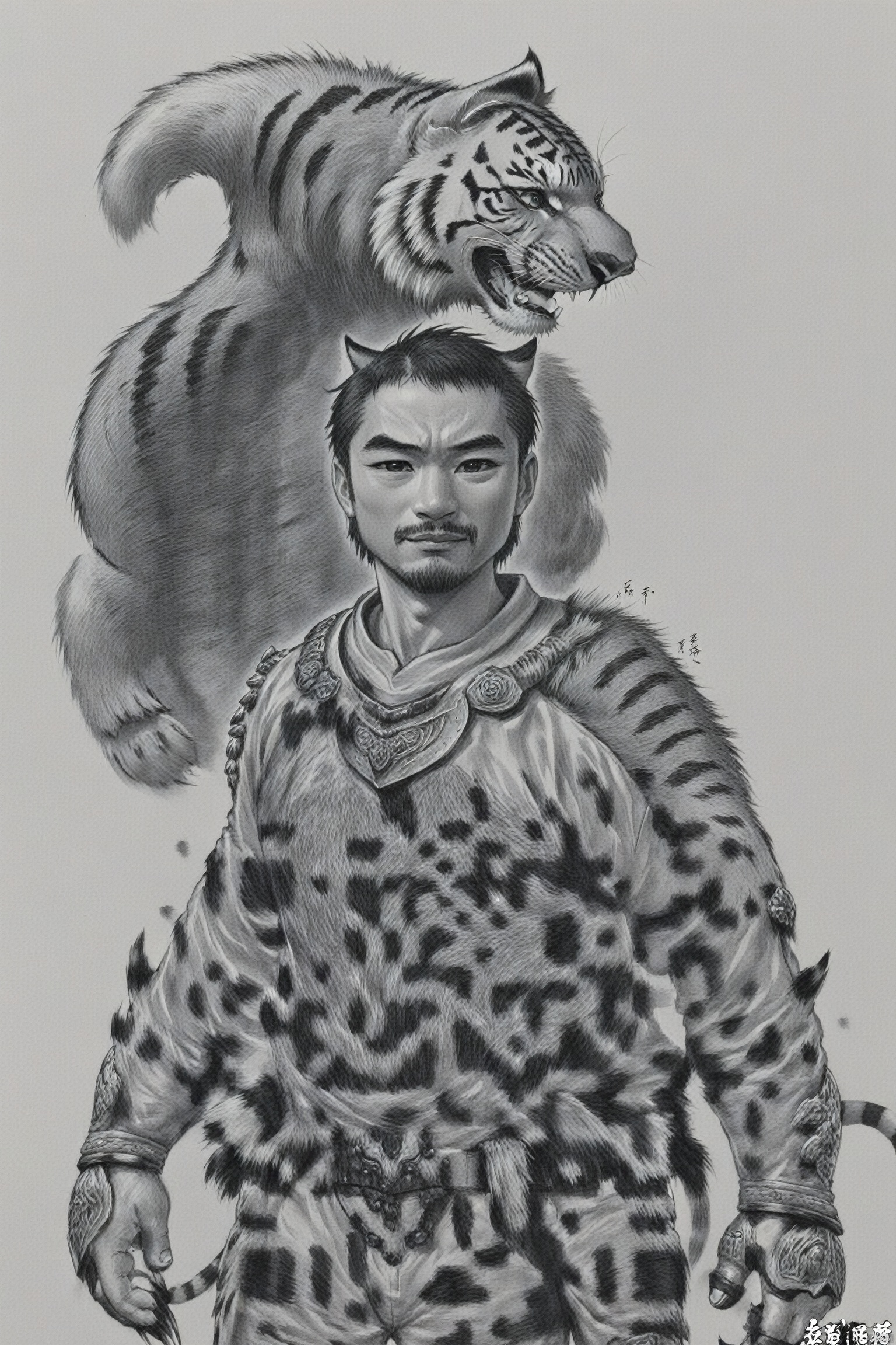  ink-painting,grayscale, monchrome,solo,1boy,male focus,armor,shoulder armor,tail,furry,white background,full body,animal ears,signature,looking at viewer,furry male,pauldrons,japanese armor,simple background,barefoot,pants,facial hair,fangs,tiger,tiger tail,tiger ears,open mouth,teeth,year of the tiger,muscular,