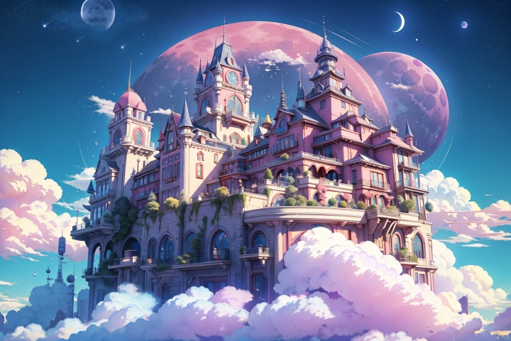  a castle with a pink staircase going up to it and a moon in the sky above it and a pink staircase going up to it, above clouds, architecture, building, castle, chimney, city, city lights, cityscape, clock, clock tower, cloud, cloudy sky, constellation, crescent moon, earth \(planet\), full moon, galaxy, horizon, house, milky way, moon, moonlight, mountain, mountainous horizon, night, night sky, no humans, outdoors, planet, purple sky, red moon, rooftop, scarlet devil mansion, scenery, shooting star, sky, skyline, skyscraper, space, star \(sky\), starry sky, sun, tower