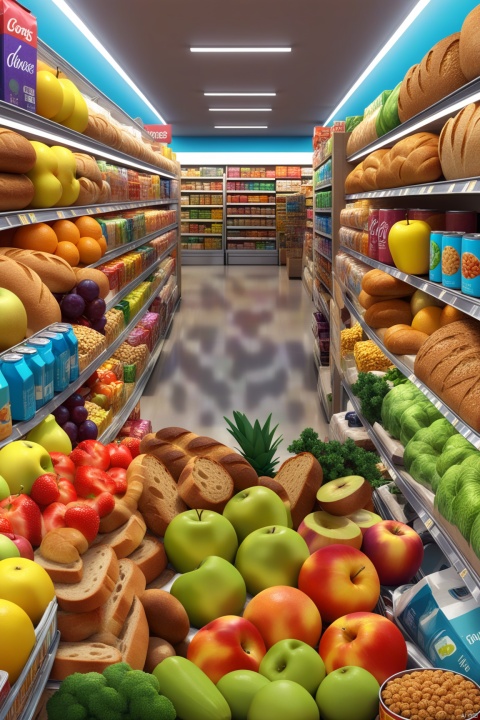 a busy supermarket with lots of items, midjourney, detailed, high resolution, bright colors, vivid, 4k resolution, photorealistic, vibrant colors, grocery, fruits, vegetables, bread, cereal, packaging, cans, clean and tidy, detailed textures, sharp contrast, detailed shadows.