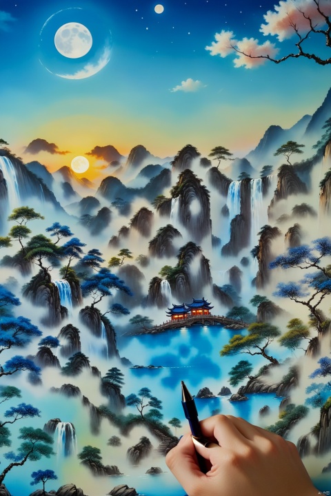  Colorful Chinese Painting, close-up shot of a hand holding a pen drawing Chinese paitings, a painting of Chinese Moon Festival scenery,lushan mountains,waterfall,trees,full moon, clouds, highly detailed,paper painting,surreal landscape, blue tones, magical ambiance, photo manipulation, nature,tranquility, clear sky, moonlight, celestialultra-high resolutions, 32K UHD, best quality, masterpiece,mineral color painting,