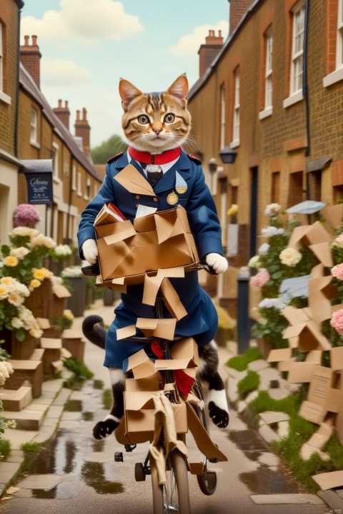  A vintage photo of a realistic cat that is dressed in postman uniform is riding on a bicycle to deliver mail on a village street in London in 1910s. Cinematic style.